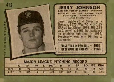 Vintage 1971 Topps Jerry Johnson San Francisco Giants baseball card in excellent condition