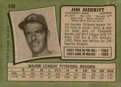 Vintage Jim Merritt baseball card 1971 Topps #420 Cincinnati Reds collectible