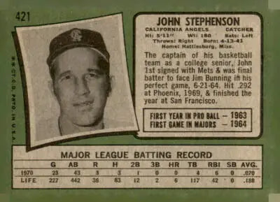 Vintage 1971 Topps #421 John Stephenson baseball card featuring John Stephenson