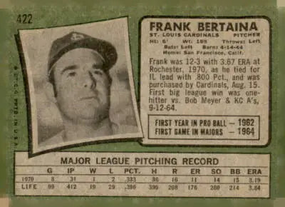 Vintage 1971 Topps #422 Frank Bertaina sports trading card in excellent condition