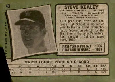 Vintage baseball card of Steve Kealey from the California Angels team for sports trading