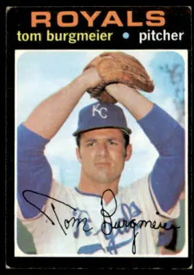 Signed Tom Burgmeier baseball card from 1971 Topps #431 featuring Kansas City Royals player
