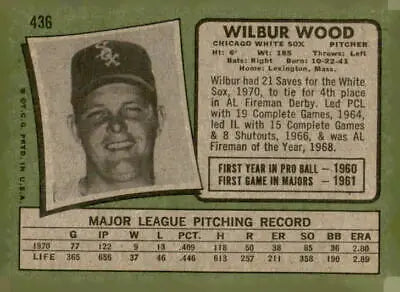 Vintage 1971 Topps Wilbur Wood trading card featuring Chicago White Sox player