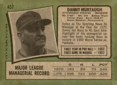Vintage 1971 Topps Danny Murtaugh baseball card featuring legendary manager