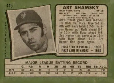 Vintage Art Shamsky baseball card from 1971 Topps #445 for sports trading collection