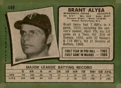 1971 Topps #449 Brant Alyea baseball card featuring Minnesota Twins player