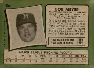 Vintage Bob Meyer baseball card from 1971 Topps #456 featuring original baseball memorabilia