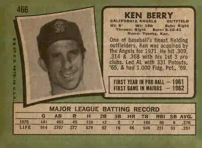 Vintage Ken Berry baseball card from 1971 Topps #466, classic sports trading card