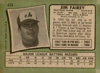 Vintage baseball card featuring 1971 Topps #474 Jim Fairey of the Montreal Expos