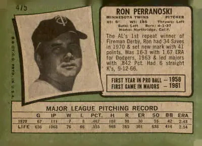 Vintage 1971 Topps Ron Perranoski baseball card for sports trading collections