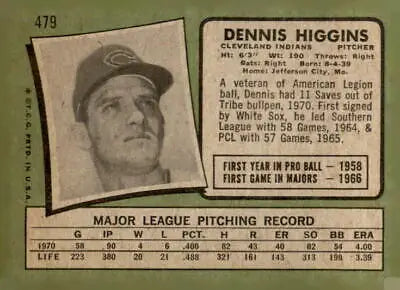 Vintage 1971 Topps Baseball Card of Dennis Higgins Cleveland Indians player