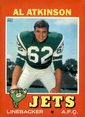 Al Atkinson football card from 1971 Topps series featuring York Jets, atkinson ex-NMâcollectible