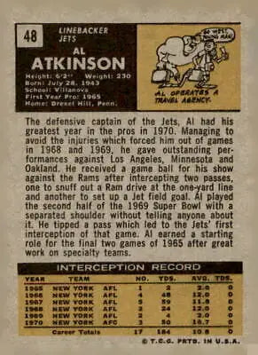 Vintage football card of Al Atkinson EX-NM from 1971 Topps featuring York Jets player