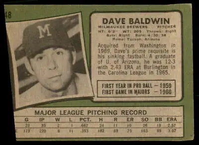 Vintage Dave Baldwin baseball card from 1971 Topps #48 Milwaukee Brewers collectible