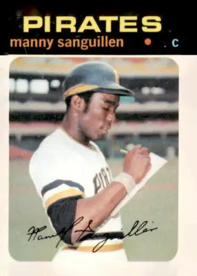 1971 Topps Manny Sanguillen baseball card, a popular sports trading card featuring Manny Sanguillen