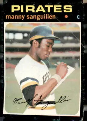 1971 Topps Manny Sanguillen baseball card featuring Pittsburgh Pirates player Manny Sanguillen