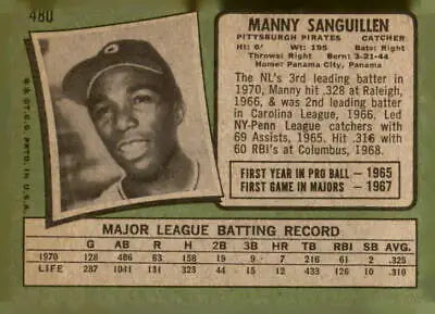 Vintage sports trading card featuring Manny Sanguillen from the 1971 Topps series