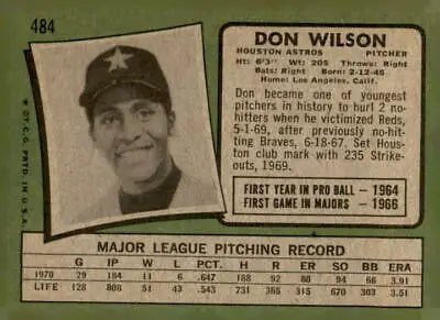 Vintage baseball card of Don Wilson from the Houston Astros 1971 Topps #484