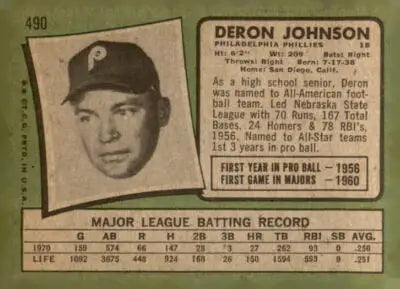Vintage baseball card featuring Deron Johnson from the 1971 Topps #490 trading card collection