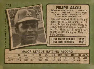 Felipe Alou baseball card from 1971 Topps #495 showcasing Felipe Alou baseball collectible