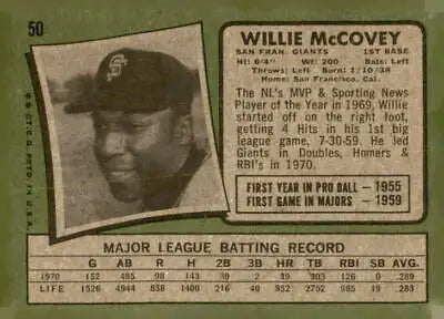 Vintage baseball card of Willie McCovey from 1971 Topps #50 featuring San Francisco Giants