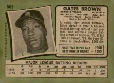 Vintage Gates Brown baseball card from 1971 Topps #503 for sports trading collectors