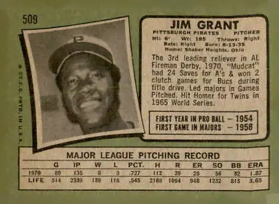 Vintage Jim Grant baseball card from 1971 Topps #509, a classic sports trading card