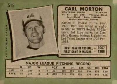 1971 Topps Carl Morton trading card featuring Montreal Expos pitcher