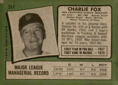 Vintage 1971 Topps Charlie Fox trading card from the Charlie Fox trading collection