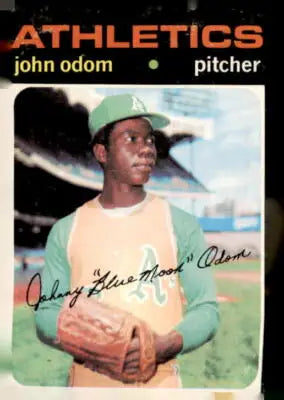 Signed John Odom baseball card from 1971 Topps #523 featuring a John Odom trading card