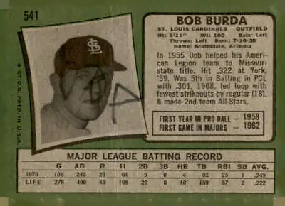 Vintage baseball card of Bob Burda, Louis Cardinals player, showcasing detailed card features