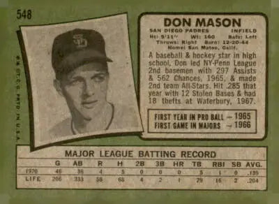 Vintage Don Mason trading card from 1971 Topps #548 featuring San Diego Padres