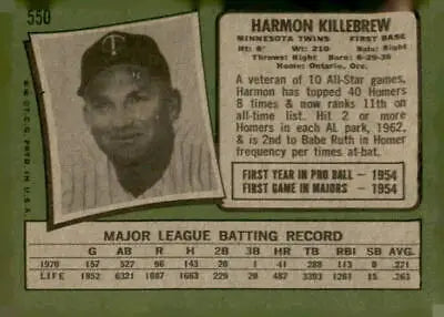 Harmon Killebrew baseball card from 1971 Topps #550 in EX-NM condition