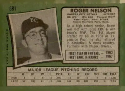 Vintage Roger Nelson trading card from 1971 Topps #581 featuring Kansas City Royals player