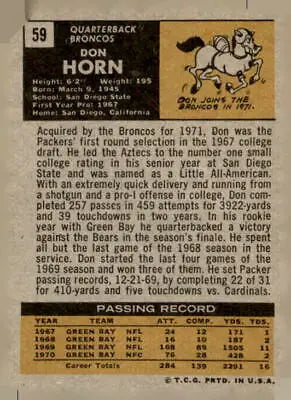 Vintage Don Horn trading card featuring 1971 Topps #59 Denver Broncos player
