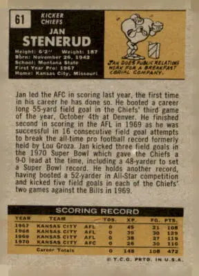 Vintage Jan Stenerud football card from 1971 Topps showcasing Kansas City Chiefs legend