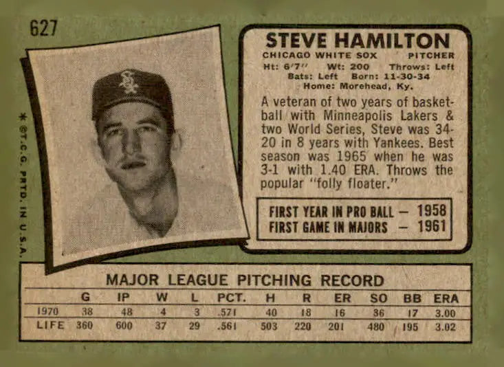 Vintage baseball card of Steve Hamilton Chicago White Sox 1971 Topps #627 EX