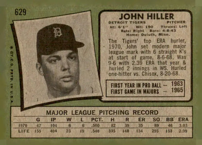 Vintage 1971 Topps John Hiller baseball card featuring Detroit Tigers player