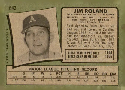 Vintage Jim Roland baseball card from 1971 Topps #642 showcasing Jim Roland baseball memorabilia