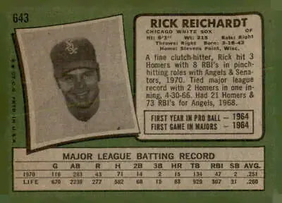 Vintage 1971 Topps Rick Reichardt baseball trading card for collectors