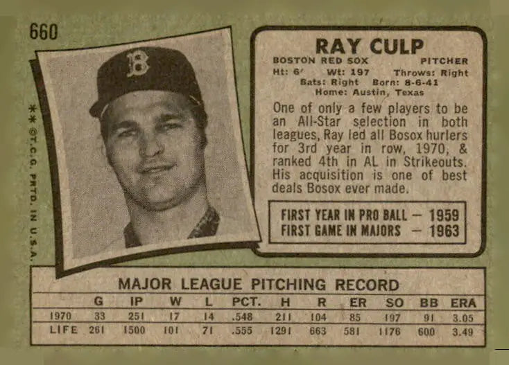 Vintage Ray Culp baseball card from 1971 Topps featuring Boston Red Sox player