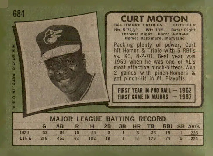 Vintage Curt Motton baseball card from 1971 Topps #684 in EX NM condition
