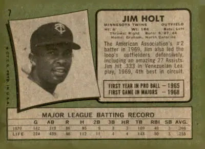 Vintage Jim Holt baseball card from 1971 Topps #7 featuring Jim Holt holt baseball card
