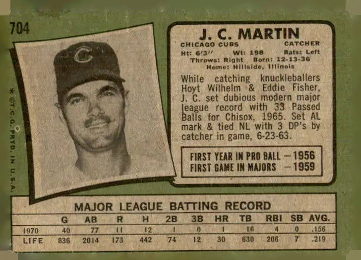 Vintage Chicago Cubs J.C. Martin baseball trading card from 1971 Topps series