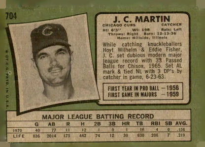 Vintage Chicago Cubs J.C. Martin baseball trading card from 1971 Topps series