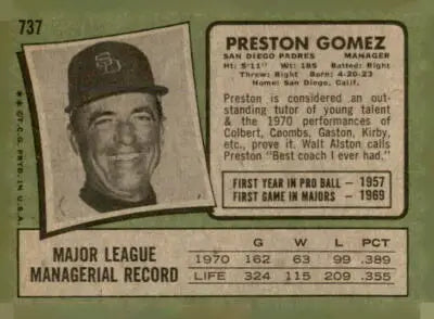 Vintage Preston Gomez Baseball Card from 1971 Topps #737, a classic sports trading card