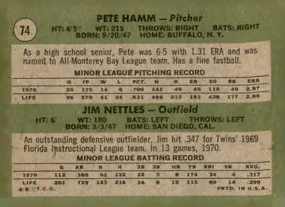 Baseball card back featuring 1971 Topps Rookie Stars Pete Hamm and Jim Nettles