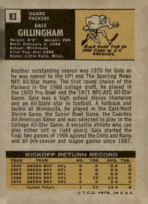 Vintage football card of Gale Gillingham from Green Bay Packers 1971 Topps #83