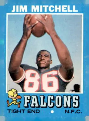 Jim Mitchell Atlanta Falcons trading card from 1971 Topps #84 featuring football memorabilia