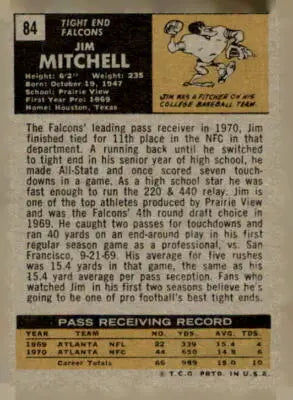 Vintage Jim Mitchell Atlanta Falcons trading card from the 1971 Topps series